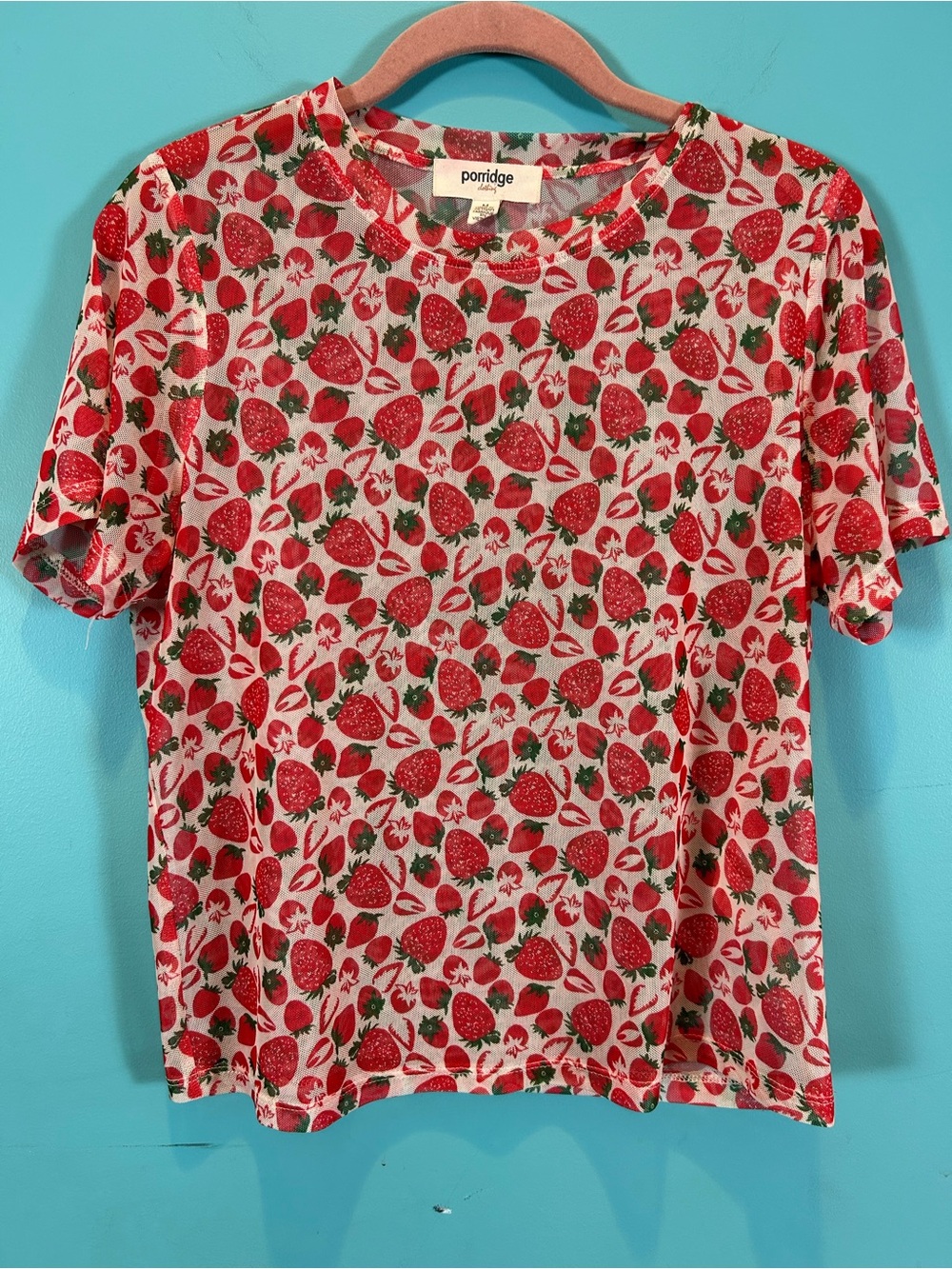 Anthro Porridge Red Strawberry Mesh Print Short Sleeve Tee